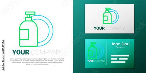 Line Dishwashing liquid bottle and plate icon isolated on white background. Liquid detergent for washing dishes. Colorful outline concept. Vector