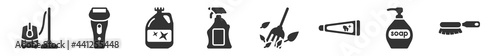 filled set of cleaning icons. glyph vector icons such as vacuum cleanin, shaver cleanin, bleach cleanin, cleaning spray, leaf wiping brush. vector illustration.