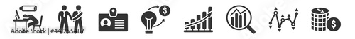 filled set of business icons. glyph vector icons such as sleepy worker at work, men shaking hands, identity card, converting ideas in money, data analytics upgoing bars chart, one dollar coins.