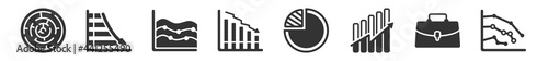 filled set of business icons. glyph vector icons such as maze game, data analytics descendant graphic, continuous data graphic wave chart, data analytics bars chart with descendant line, quarter pie