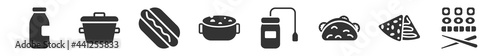filled set of bistro and restaurant icons. glyph vector icons such as milk brick, bistro pot, hot dog with ketchup, boiling water pan, infusion bag, sushi mix. vector illustration.