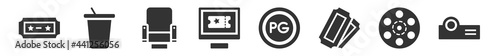 filled set of cinema icons. glyph vector icons such as theater ticket, papper cup with straw, cinema chair, buy tickets online, parental guidance, movie projector front view. vector illustration.