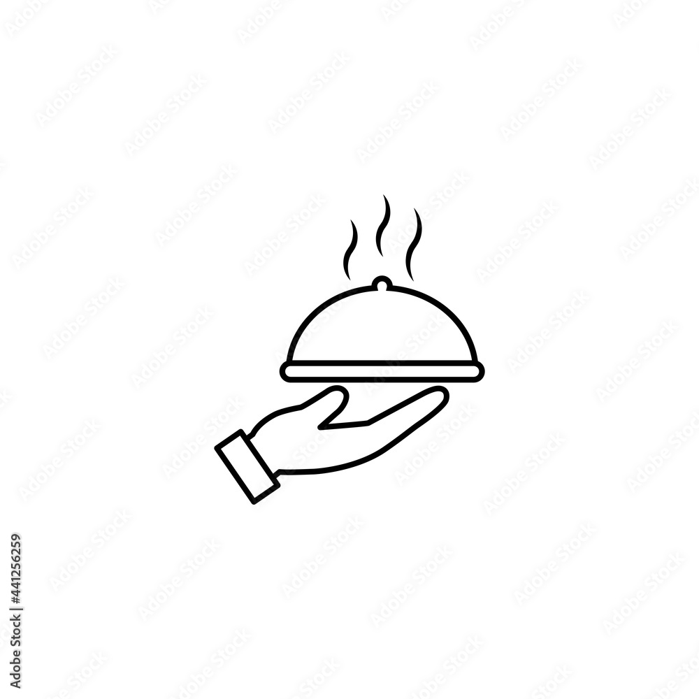 Waiter hand holding cloche serving plate flat vector icon for food apps and websites Waiter hand holding cloche serving plate flat vector icon for food apps and websites