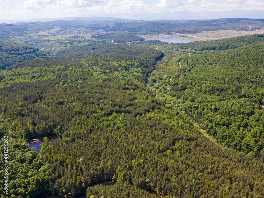 Fototapeta premium Aerial view of Sua Gabra Lakes at Lozenska Mountain, Bulgaria