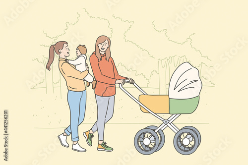 Motherhood and maternity happiness concept. Female friends cartoon characters walking with baby in stroller and chatting in park together outdoors vector illustration 
