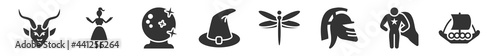 filled set of fairy tale icons. glyph vector icons such as faun, damsel, magic, witch hat, dragonfly, viking ship. vector illustration.