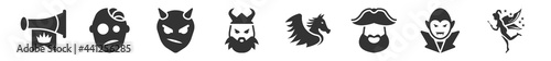 filled set of fairy tale icons. glyph vector icons such as fanfare, zombie, evil, dwarf, pegasus, fairy. vector illustration.