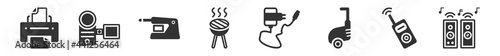 filled set of electronic devices icons. glyph vector icons such as printer, camcorder, electric pencil sharpener, bbq grill, charger, speakers. vector illustration.