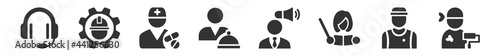filled set of professions icons. glyph vector icons such as callcenter, civil engineer, pharmacist, waiter, marketing manager, dyer. vector illustration.