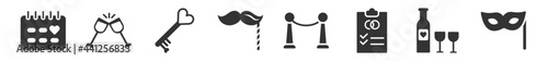 filled set of birthday and party icons. glyph vector icons such as love calendar, party, love key, mustache, queue, eye mask. vector illustration.