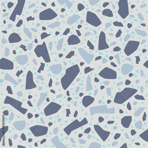 Terrazzo luxury style vector seamless pattern. Minimal natural color. Spirit of Nature concept. Gray geometric shape marble, stone, granite, glass on barely blue background. Stone tile. Floor design.