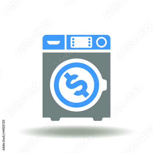 Washing machine with dollar currency vector illustration. Money laundering icon. AML symbol.