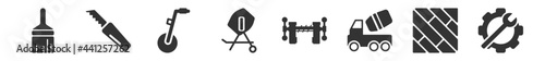 filled set of construction icons. glyph vector icons such as brush, retractable trimming knife, measuring wheel, cement mixers, vise, tools. vector illustration.