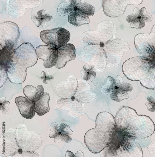 Delicate flower meadow. Watercolour flowers. Seamless pattern design. 