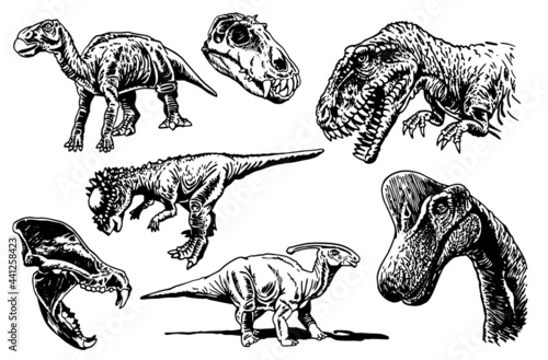 Graphical paleontological collection, hand-drawn dinosaurs isolated on white background