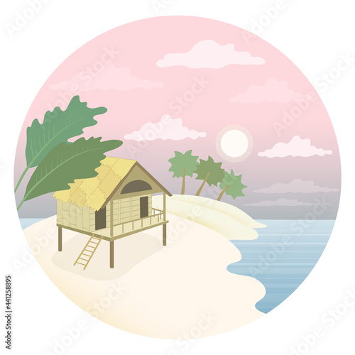 A hut on the beach. Landscape with sunset and palm trees. White sand coast. Wooden house on stilts with a veranda and stairs. Round vector logo with the image of the sea and the hotel.