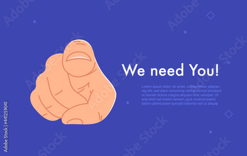 We need you. Flat vector illustration of human hand with the finger pointing and gesturing towards you like wanted person isolated on dark blue background. Bright banner for hr or promo and offer photo