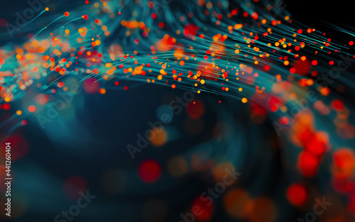 Abstract background with the movement of luminous particles. Digital technology connection concept. photo