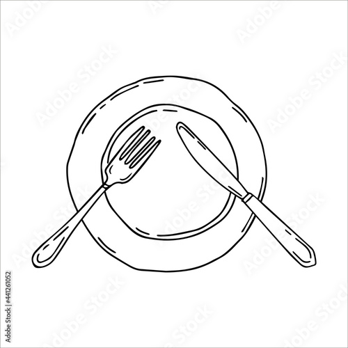 Plate with fork and knife. Cultery. Table settings. Simple food icon in hand drawn style isolated on white background.