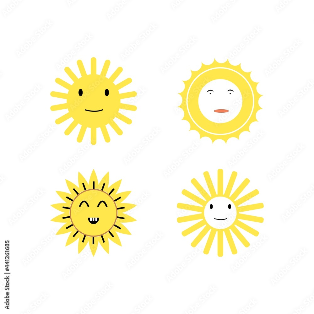 Yellow cute sun emoji. Funny summer sunshine, sun baby happy morning emoticons. Cartoon sunny smiling faces vector. Yellow cute sun emoji. Funny summer sunshine, sun baby happy morning emoticons. Cartoon sunny smiling faces vector.