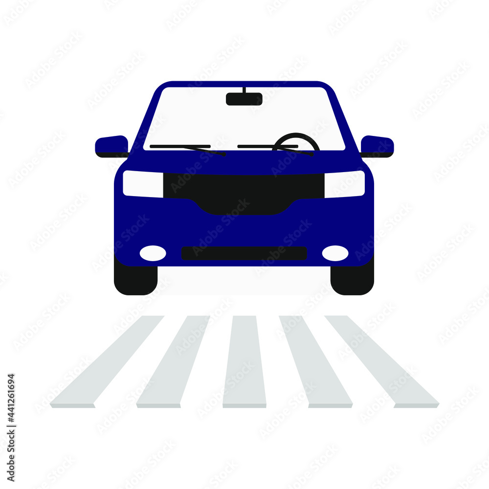Blue car in front of a pedestrian crossing on a white background
