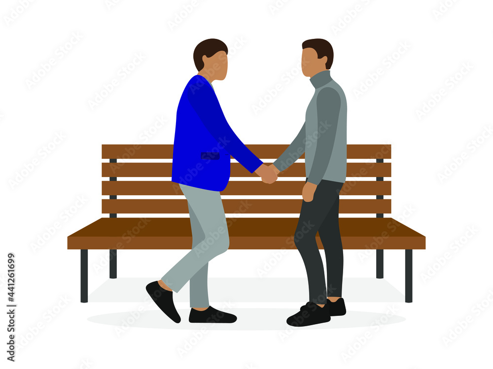 Two male characters shaking hands near a bench on a white background Two male characters shaking hands near a bench on a white background