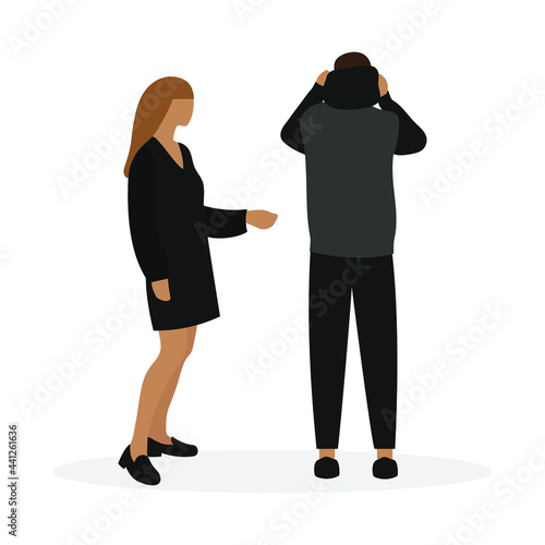 Female character and male character putting on a hood together on a white background