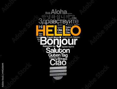 Hello word cloud in different languages of the world in shape of light bulb, concept background