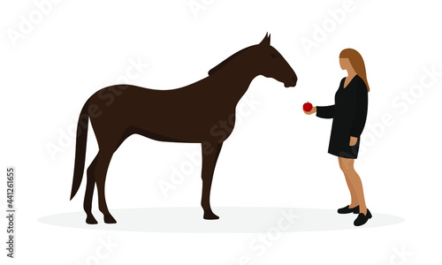 Female character gives an apple to a horse on a white background