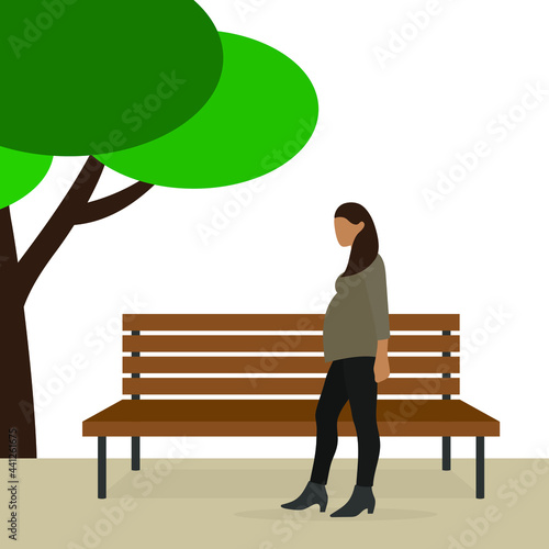 Pregnant female character walks past an outdoor bench