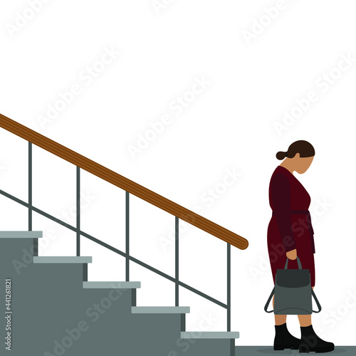 Fat female character with a backpack in hand descends the stairs on a white background
