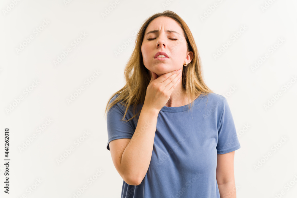 Caucasian woman with reflux and indigestion Caucasian woman with reflux and indigestion