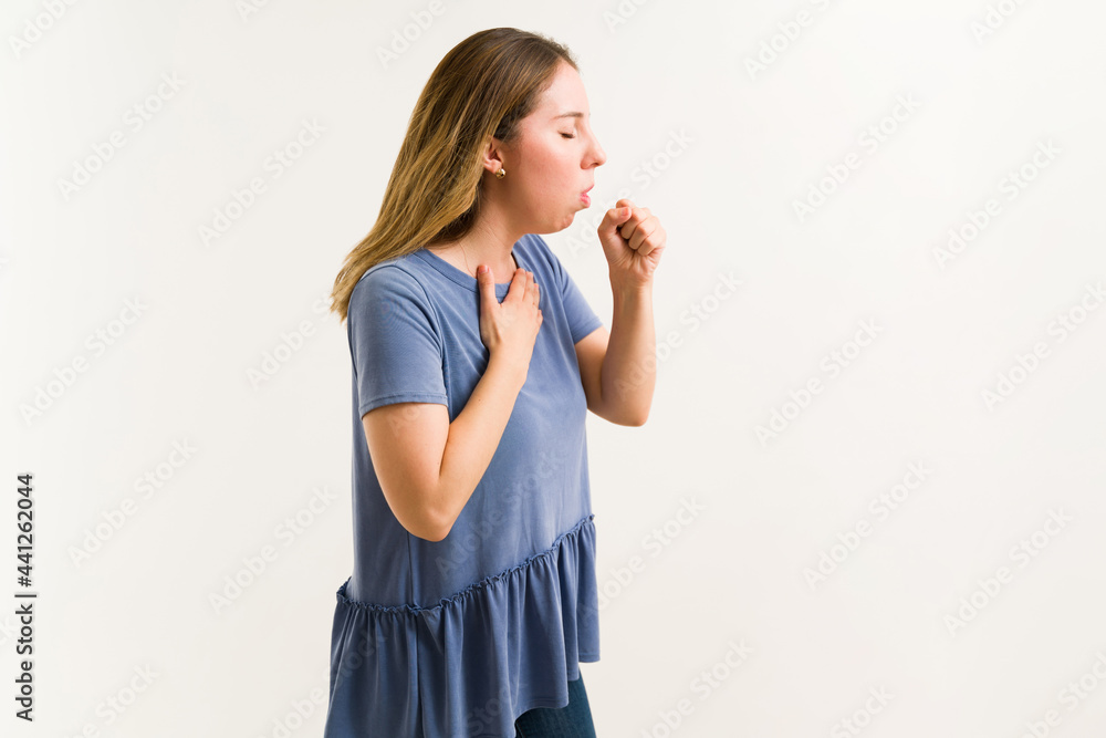 Profile of a pretty woman with respiratory problems Profile of a pretty woman with respiratory problems