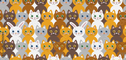 Cute vector seamless pattern with colorful kittens, white rabbit and scowling owl. Adorable repeating children's ornament with funny pets.