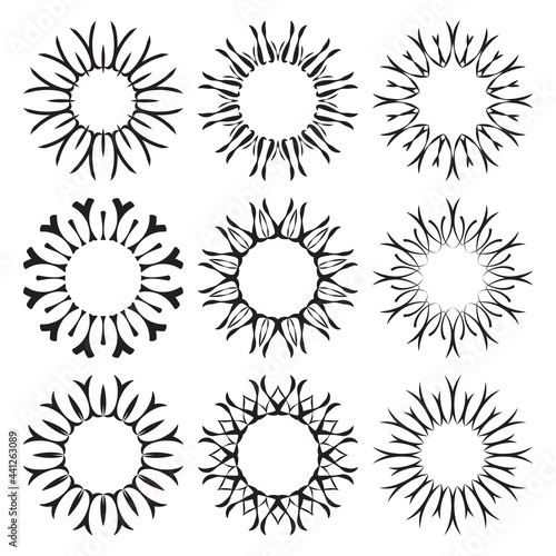 Decorative black sun symbols collection. Set of linear drawing sun rays isolated on white background. Jpeg design elements