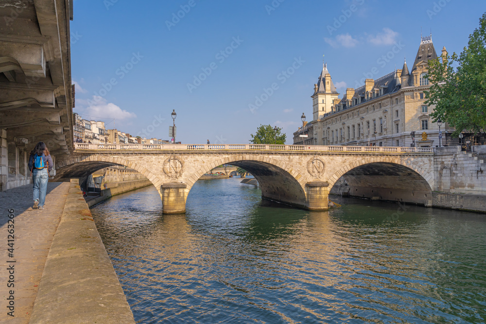 Paris, France - 05 02 2021: Panoramic view of Saint-Michel bridge from quai de Seine