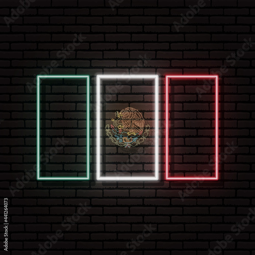 Neon sign in the form of the flag of Mexico. Against the background of a brick wall with a shadow. For the design of tourist or patriotic themes. North America