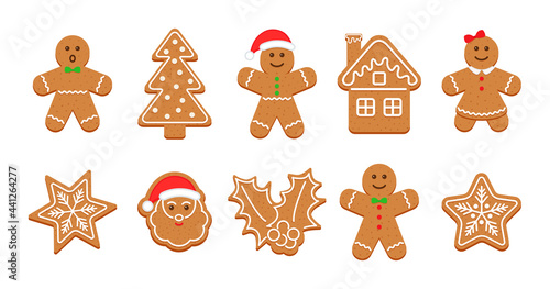 Christmas Gingerbread cookies. Classic Xmas biscuit isolated on white background. Vector illustration. Noel holiday sweet dessert. Cute ginger bread men, tree, santa, holly berry, star and house.