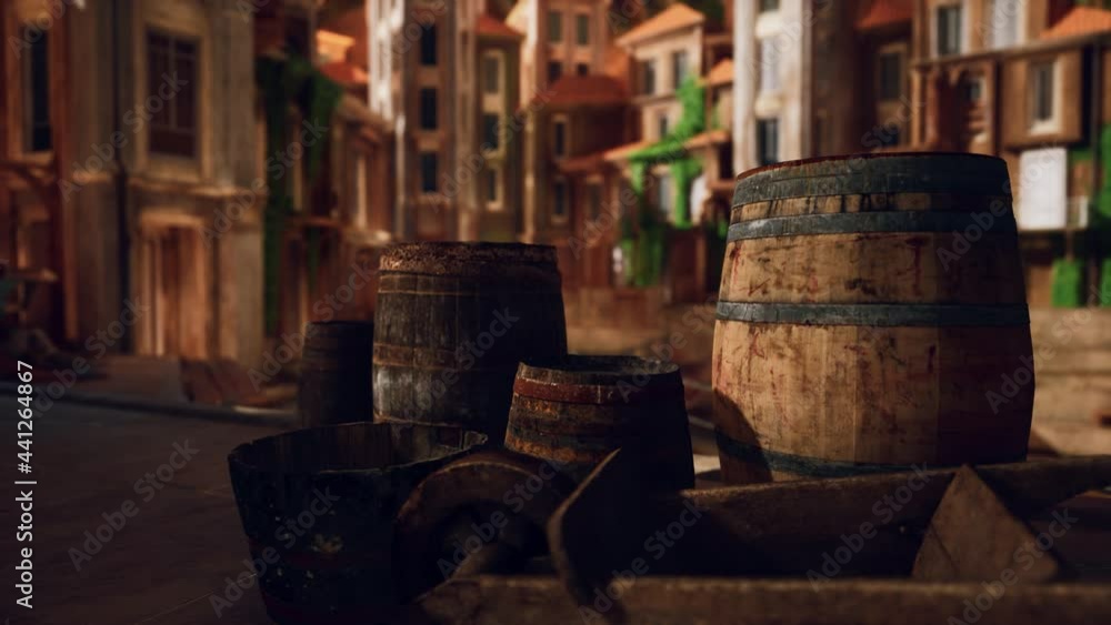 old wooden wine barrels in a sea town port old wooden wine barrels in a sea town port
