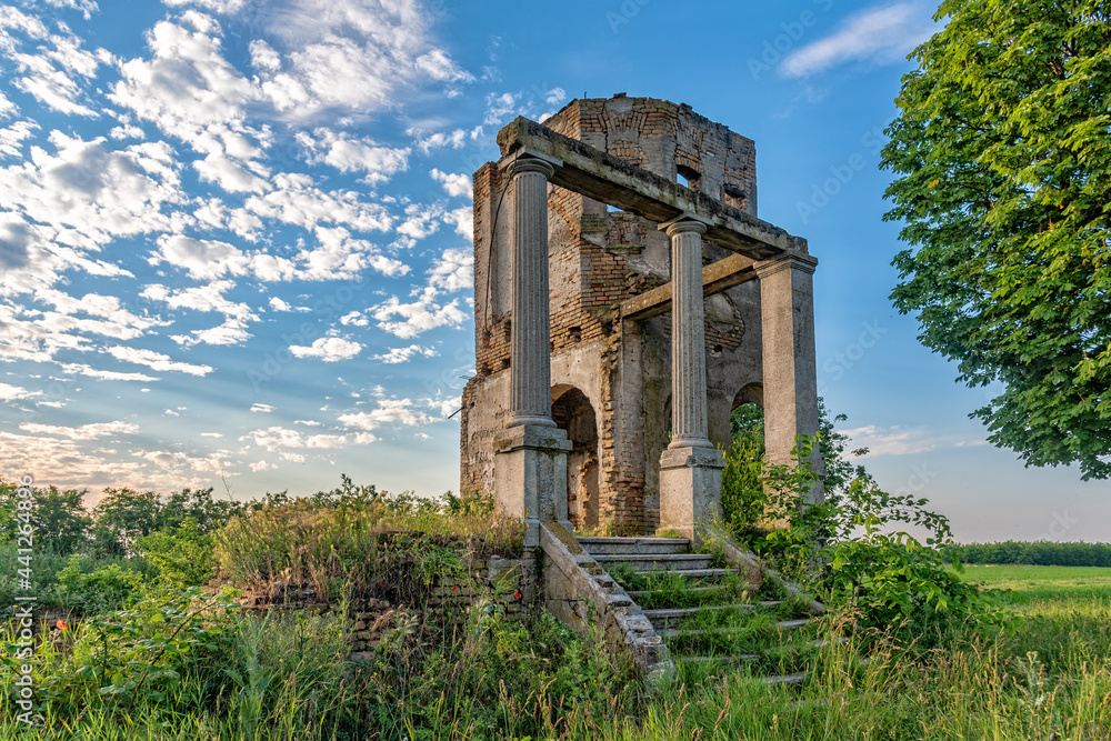 Mali Idjos, Serbia - June 06, 2021: The abandoned summer house in Mali Idjos was built by Pece Petar and his brother Ernest at the beginning of the 20th century in 1923. Mali Idjos, Serbia - June 06, 2021: The abandoned summer house in Mali Idjos was built by Pece Petar and his brother Ernest at the beginning of the 20th century in 1923.