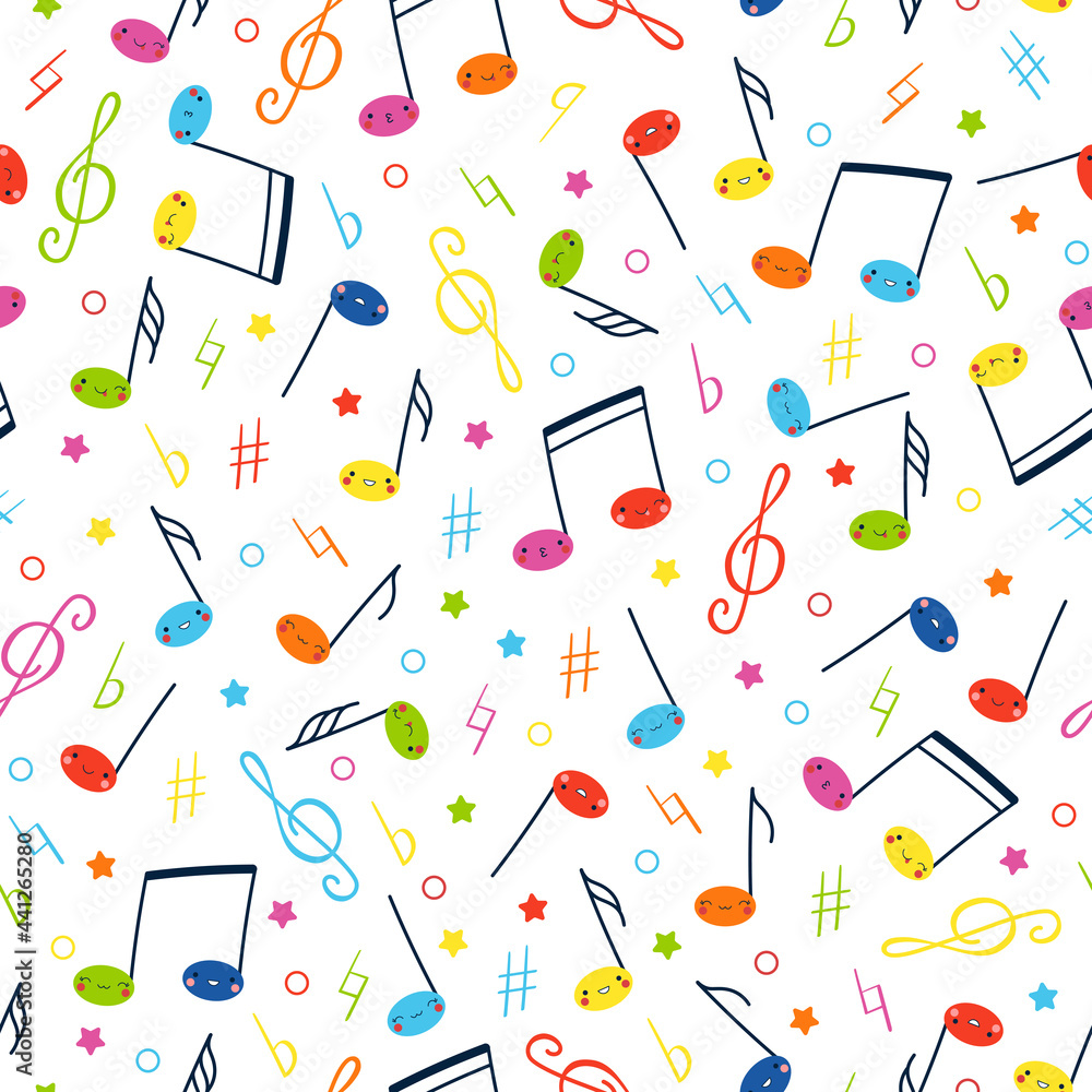 Childish seamless vector pattern with funny notes characters. Cute funny smiling multicolored notes and musical signs hand drawn in cartoon style on white background Childish seamless vector pattern with funny notes characters. Cute funny smiling multicolored notes and musical signs hand drawn in cartoon style on white background