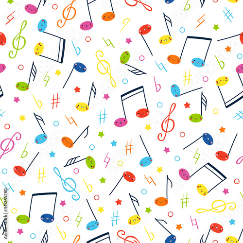 Childish seamless vector pattern with funny notes characters. Cute funny smiling multicolored notes and musical signs hand drawn in cartoon style on white background