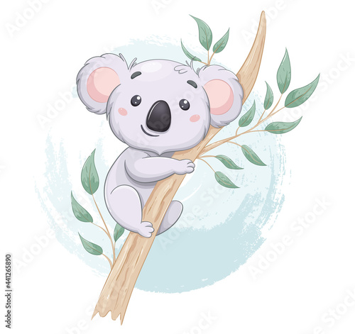 Funny koala on eucalyptus tree