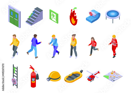 Human evacuation icons set. Isometric set of human evacuation vector icons for web design isolated on white background