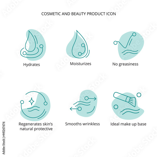 Beauty product icon set for treatment, cream, mask, make up cosmetic. For web, packaging design. Vector stock illustration isolated on white background. 