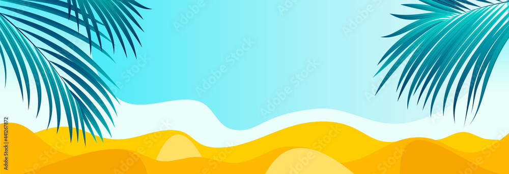 Summer south background sand sky and palm leaves. Editable mockup abstract background bright wave. Vector template banner post for social media, blog, sale, site, mobile app.