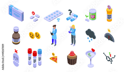 Antidepressant icons set. Isometric set of antidepressant vector icons for web design isolated on white background