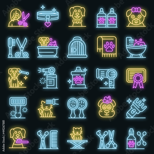 Groomer icons set. Outline set of groomer vector icons neon color on black