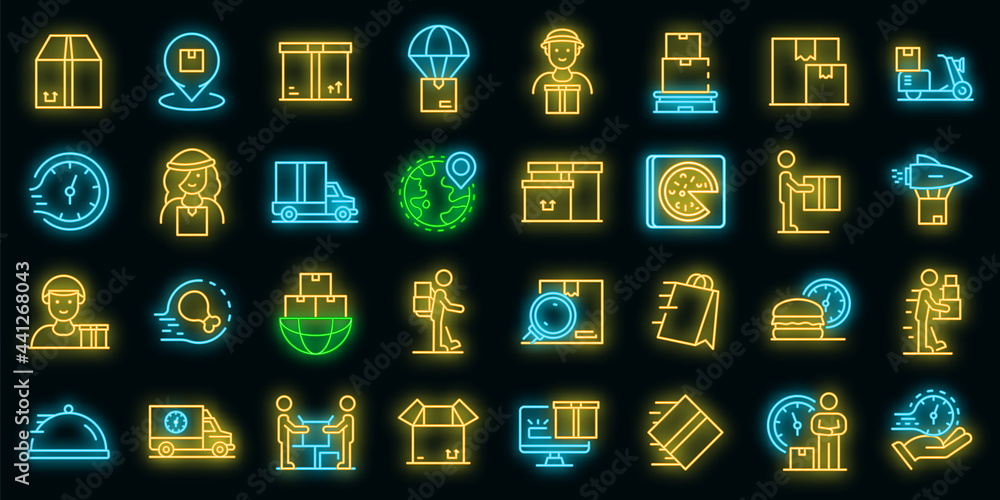 Courier icons set. Outline set of courier vector icons neon color on black Courier icons set. Outline set of courier vector icons neon color on black