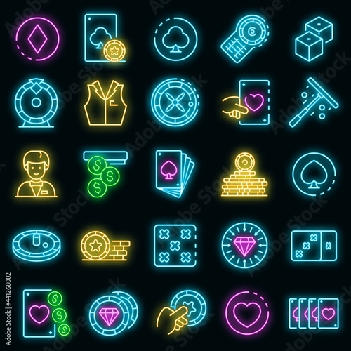 Croupier icons set. Outline set of Croupier vector icons neon color on black